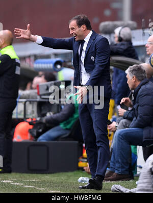 Genova, Italia. Xix Mar, 2017. La Juventus' allenatore Massimiliano Allegri gesti durante il campionato italiano di una partita di calcio tra Juventus e Sampdoria, a Genova, Italia, 19 marzo 2017. La Juventus ha vinto 1-0. Credito: Alberto Lingria/Xinhua/Alamy Live News Foto Stock