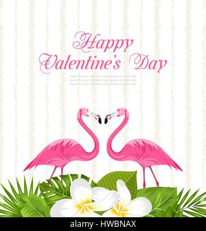 Scheda carino con i fenicotteri rosa e foglie verdi per il giorno di San Valentino Illustrazione Vettoriale