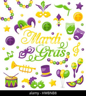 Celebrazione con sfondo impostato il Mardi Gras e il carnevale di icone e oggetti Illustrazione Vettoriale