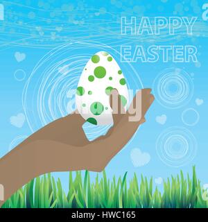 Felice Pasqua Primavera sullo sfondo del cielo. Concetto di vacanza un uovo in pois. Vettore per il tuo design Illustrazione Vettoriale