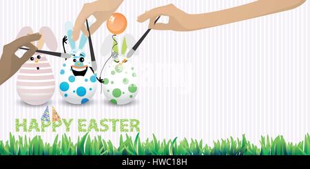Felice Pasqua tre uova divertente con un palloncino mani pennello disegna su uno sfondo bianco con un posto sotto il testo vettore isolato per il design. Illustrazione Vettoriale