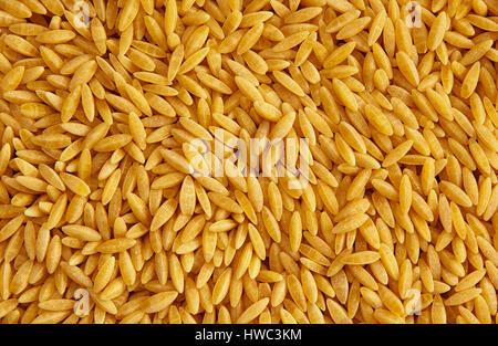 Pasta Orzo Close up Full Frame, abbastanza vicino per vedere la forma e la consistenza del riso Grani a forma di pasta. Foto Stock