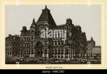 Antique 1883 stampa monocromatica da un souvenir album, che mostra gli Stati Uniti Post Office di Boston, Massachusetts. Gli Stati Uniti Post Office e Sub-Treasury edificio (demolita 1929) era un edificio pubblico sul Post Office Square. Stampato con il Glaser/Frey processo litografico, un multi-stone processo litografico sviluppato in Germania. Foto Stock