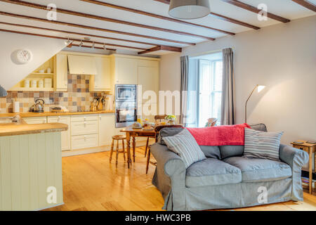 Interior shot di un Log Cabin soggiorno e cucina. Foto Stock