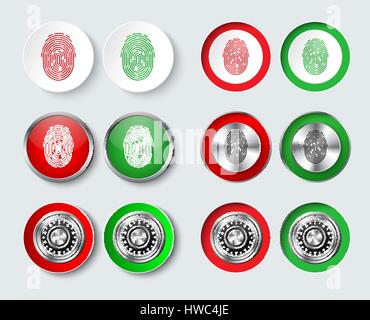 Set di pulsanti rotondi per il web design o applicazioni. Modelli di bianco, rosso e verde del colore con un'impronta digitale ed una combinazione meccanica serratura per Illustrazione Vettoriale