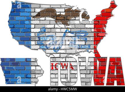 Iowa su un muro di mattoni - Illustrazione, Font con la bandiera dello Iowa, Iowa mappa su un muro di mattoni Illustrazione Vettoriale
