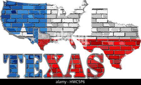 Texas mappa su un muro di mattoni - illustrazione, lo stato del Texas mappa con bandiera all'interno Illustrazione Vettoriale