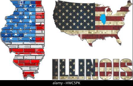 Stati Uniti d'America stato di Illinois su un muro di mattoni - Illustrazione, Font con gli Stati Uniti bandiera Illustrazione Vettoriale