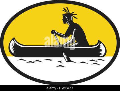 Illustrazione di un native american indian paddling una canoa visto dal lato imposta all'interno di forma ovale fatto rétro xilografia stile. Illustrazione Vettoriale