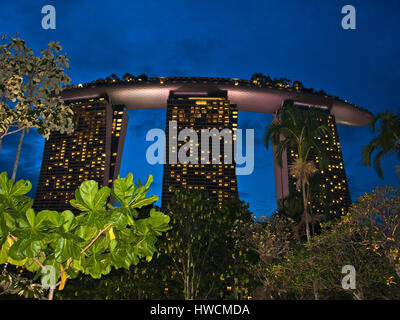 Il Sud Est asiatico, Singapore, Singapore, Jan 2017 vista orizzontale della Marina Bay Sands Hotel di Singapore di notte. Foto Stock