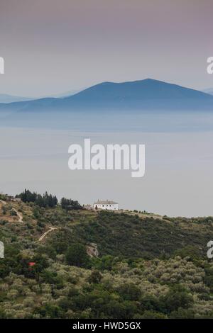 La Grecia, Regione di Tessaglia, Makrinitsa, Pelion Peninsula, vista in elevazione del Golfo Pagasitikos Foto Stock