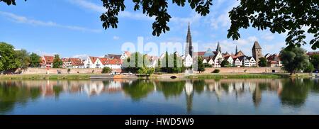 Germania, Bade Wurtemberg, Ulm, Albert Einstein s' luogo di nascita, il fiume Danubio banche con vista sulla città, Cattedrale luterana (Munster), il più alto la Chiesa in tutto il mondo con una misurazione di guglia 161m (530 ft) e Metzgerturm Foto Stock