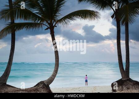 Repubblica Dominicana, Punta Cana Regione, Bavaro Bavaro Beach palms, alba Foto Stock