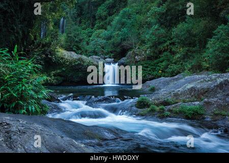 Francia, Isola di Reunion (dipartimento francese d' oltremare), classificato come patrimonio mondiale dall' UNESCO, San Giuseppe, fiume Langevin, scenografiche cascate che fluisce in un bacino Foto Stock