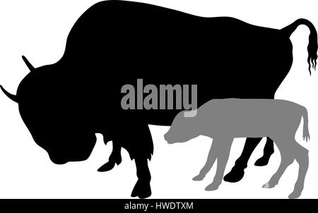 Illustrazione Vettoriale di Buffalo e silhouette di vitello Illustrazione Vettoriale