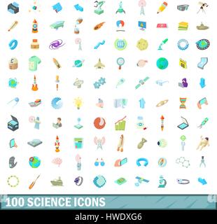 100 scienza set di icone, stile cartoon Illustrazione Vettoriale