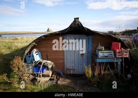 Una vecchia barca capovolta utilizzato come un pescatore è sparso su di Lindisfarne isola. Lindisfarne Castle in background. Northumberland, Inghilterra Foto Stock
