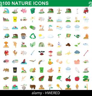 100 natura set di icone, stile cartoon Illustrazione Vettoriale