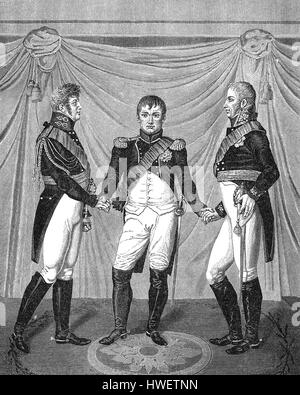 Riunione dell'imperatore Alessandro I di Russia, Napoleone I e Federico Guglielmo III di Prussia, 1807 Foto Stock