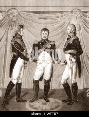 Riunione dell'imperatore Alessandro I di Russia, Napoleone I e Federico Guglielmo III di Prussia, 1807 Foto Stock