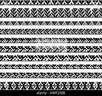 Disegnato a mano folk siberiano stampa geometrica con motivi tribali di mansi persone in bianco e nero. Disegnato a mano ornamento etnico. Illustrazione Vettoriale