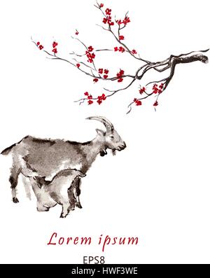 Capra madre allattava il capretto, orientali della pittura di inchiostro ed un ramo di fiori di ciliegio. Fatte a mano orientali di lavaggio inchiostro pittura. Biglietto di auguri design con testo. Illustrazione Vettoriale