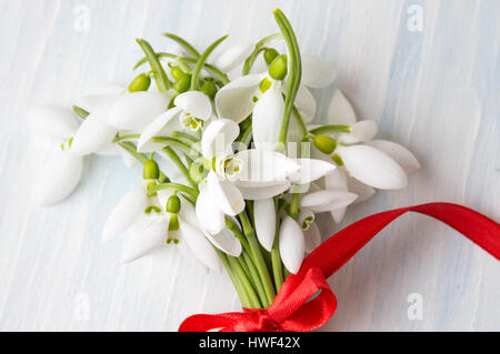 Snowdrops fresco bouquet su uno sfondo di legno Foto Stock