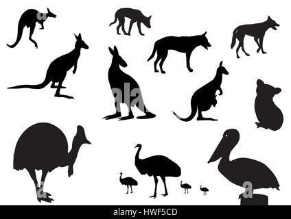 Diversi animali Australiani silhouette su sfondo bianco Illustrazione Vettoriale