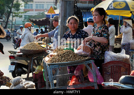 Ho Chi Minh city, Viet Nam, popolo vietnamita vendere peanut sul marciapiede a Binh Tay mercato all'aperto, venditore ambulante a sera, a Saigon, Vietnam Foto Stock