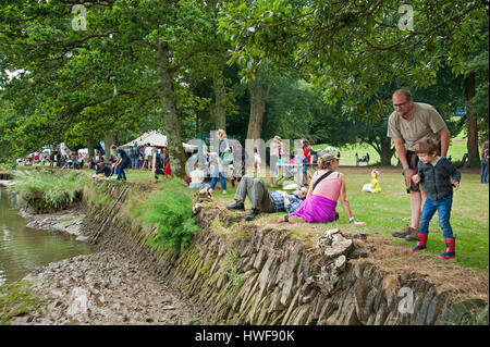 Famiglie picnicing e godendo la banca di fiume al porto Eliot Festival Cornovaglia Foto Stock