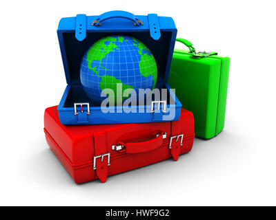 Abstract 3d illustrazione dei bagagli colorati con globo terrestre interno Foto Stock