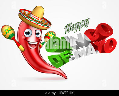 Un Felice Cinco De Mayo design con peperoncino rosso personaggio dei fumetti in sombrero cappello di paglia tenendo le maracas shakers Foto Stock