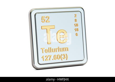 Te Tellurio, elemento chimico segno. 3D rendering isolati su sfondo bianco Foto Stock