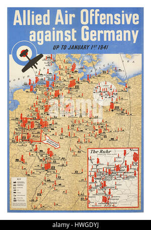 OFFENSIVA AEREA ALLEATA CONTRO LA GERMANIA 1941 Poster retrò d'epoca della seconda guerra mondiale della mappa WW2 che descrive le posizioni dei vari attacchi aerei alleati in tutta la Germania durante la seconda guerra mondiale; l'immagine illustra la mappa della Germania con varie posizioni evidenziate in rosso e nero che indicano i bersagli e i livelli di intensità delle varie incursioni dei bombardamenti nel Regno Unito Foto Stock