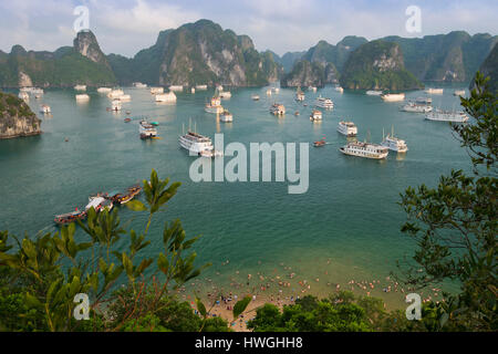 Halong Bay con barche, scogliere calcaree, il Golfo del Tonchino, Halong, Vietnam del Nord, Vietnam Foto Stock