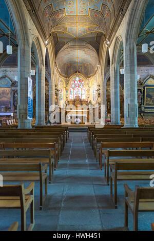 Francia, Finisterre, Parc Naturel Regional d'Armorique, Parc Naturel marin d'Iroise, DOUARNENEZ, vista della navata, il coro e l'altare e l'altare principale del XVI secolo San Herle de Ploare chiesa Foto Stock