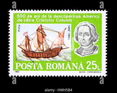 Francobollo dalla Romania raffiguranti cristoforo colombo e la sua nave Santa Maria, 500-esimo anniversario della scoperta delle americhe Foto Stock