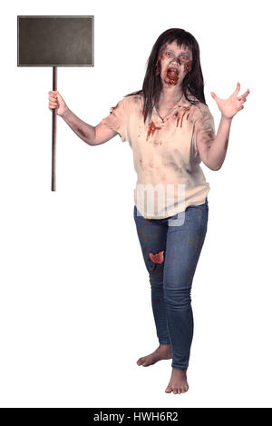 Creepy femmina zombie holding tavola di legno isolato su sfondo bianco. È possibile mettere il tuo messaggio sul bordo Foto Stock