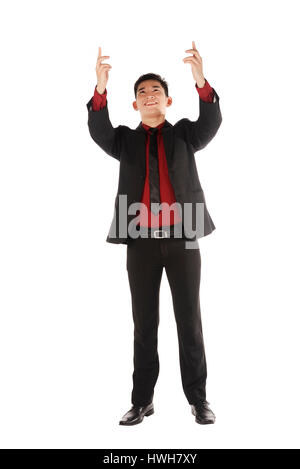 Asian business man holding qualcosa di isolato su sfondo bianco Foto Stock