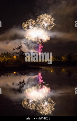 Fuochi d'artificio riflessa nell'acqua di rose di Tralee Festival, County Kerry, Irlanda Foto Stock