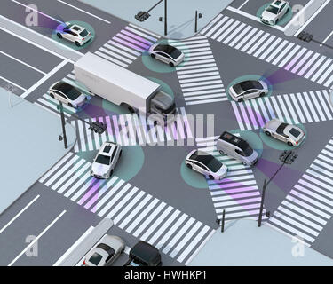 Regolare il traffico in incrocio. Concetto di vantaggio della tecnologia autonoma. Il rendering 3D'immagine. Foto Stock