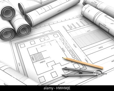 3d illustrazione di blueprint e strumenti da disegno Foto Stock