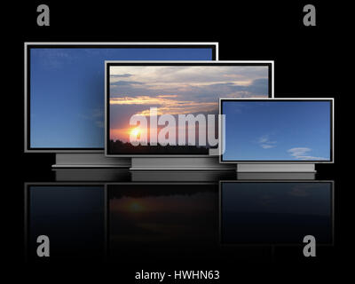 3d illustrazione di tre tv al plasma su sfondo nero Foto Stock