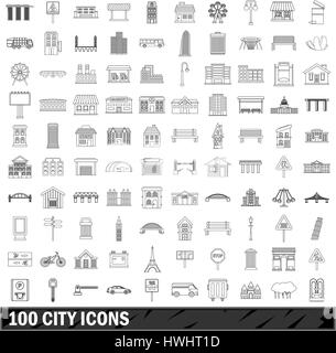 In 100 città set di icone di stile di contorno Illustrazione Vettoriale