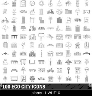 100 eco città set di icone di stile di contorno Illustrazione Vettoriale