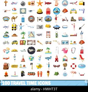 100 Tempo di viaggio set di icone, stile cartoon Illustrazione Vettoriale