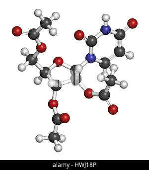 Triacetato di uridina molecola di farmaco. Usato come antidoto per il trattamento di chemioterapia overdose. Il rendering 3D. Gli atomi sono rappresentati come sfere con convenzionali c Foto Stock