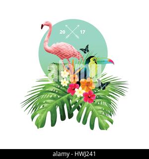 Un attraente la disposizione di tropicale elementi floreali tra cui foglie di palma, uccelli e fiori. Illustrazione Vettoriale. Illustrazione Vettoriale