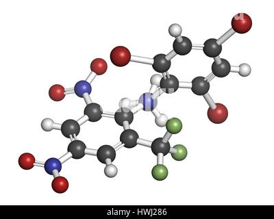 Rodenticida Bromethalin molecola (ratticidi). Il rendering 3D. Gli atomi sono rappresentati come sfere con i tradizionali colori: idrogeno (bianco), carbonio Foto Stock