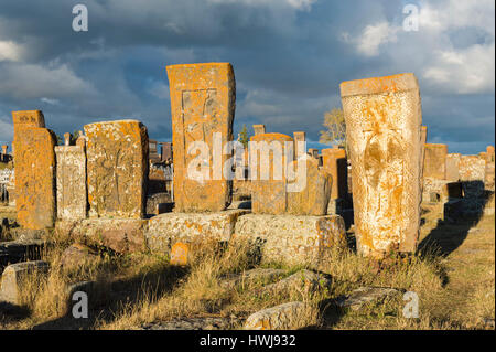 Khachkars medievale scolpita stele commemorativa, Noratus cimitero, Lago Sevan, provincia di Gegharkunik, Armenia, Caucaso, Medio Oriente e Asia Foto Stock